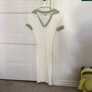 Cream V-Neck Ribbed Midi Dress with Sage Green Trim